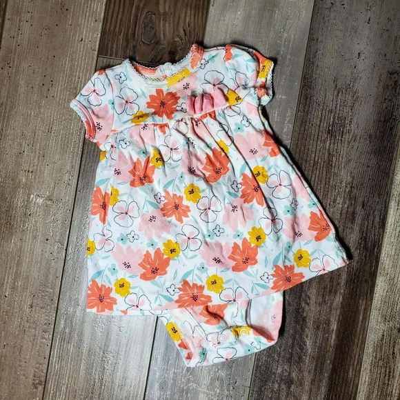 Carter's Child of Mine Coral & Pink Floral 2 in 1 Dress Size 3-6 Months - Picture 2 of 10